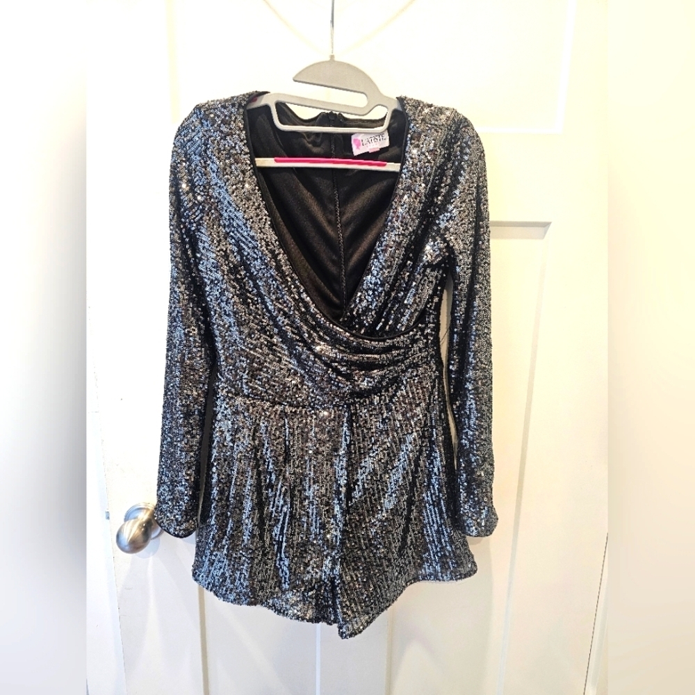 L'Atiste by Amy Sequin Long Sleeve Romper Black Silver Medium